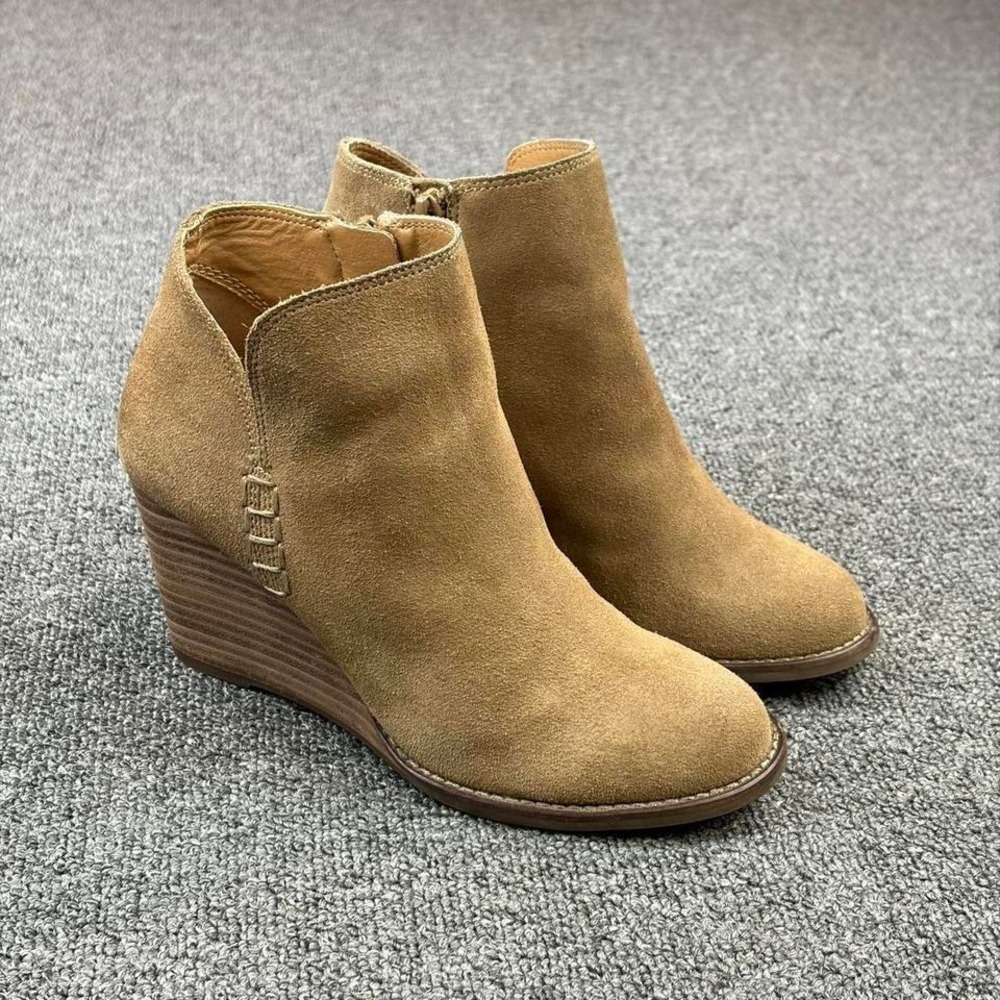Lucky Brand Brown Leather Wedge Heel Pull On Side Zip Booties Boots Women's Sz 5